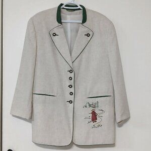 C&A Canda Embroidered Linen Blazer – Beige, Green Trim, Size M
